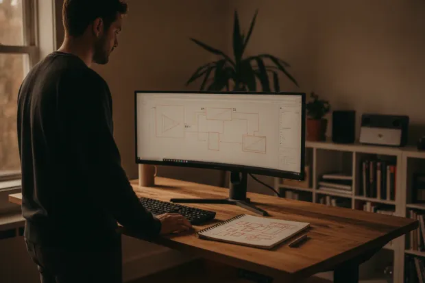 Developer studying a system diagram beside a hand-drawn sketch