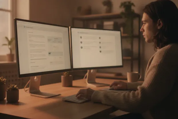 Support specialist checking a knowledge-base article beside a chat window