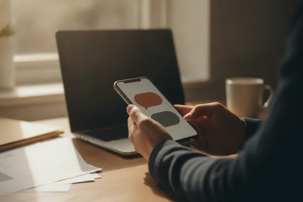 Hands holding a phone showing a customer messaging conversation