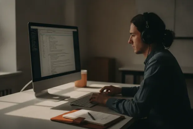 Quality analyst reviewing call transcripts with headphones on