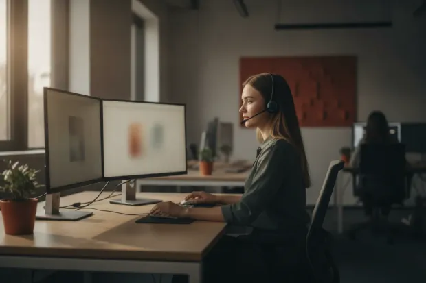 Contact-centre agent on a call wearing a headset at a desk