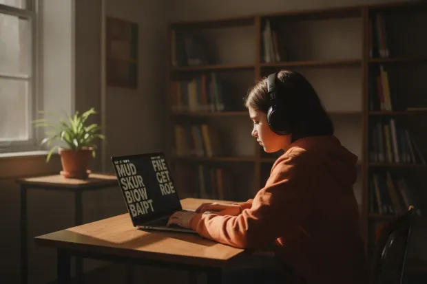 Student using large accessible text on a laptop with headphones