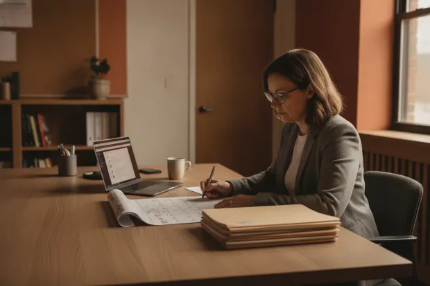 School administrator reviewing an academic calendar beside a laptop