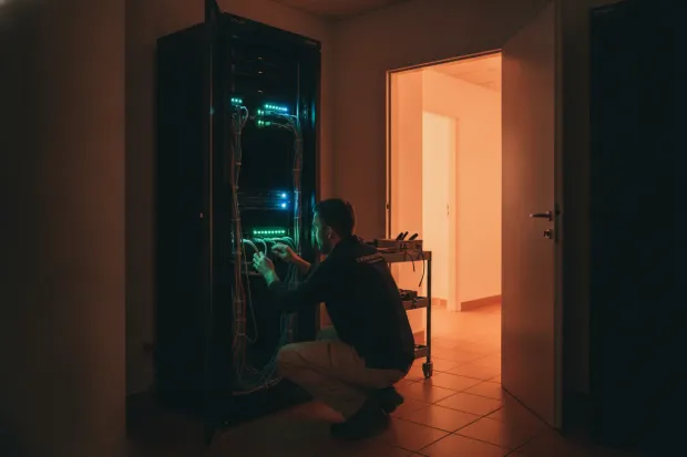 Technician checking cabling on an on-premise server rack