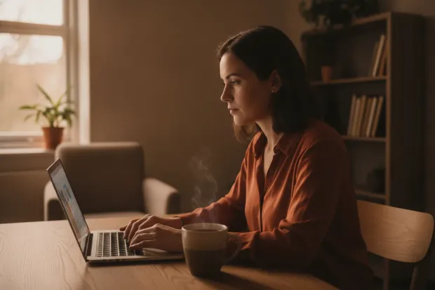 Teacher selecting teaching material on a laptop in a staff room