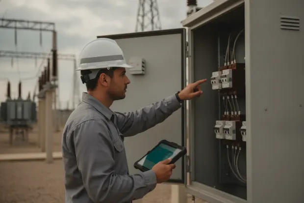 Field technician inspecting a substation cabinet with a tablet