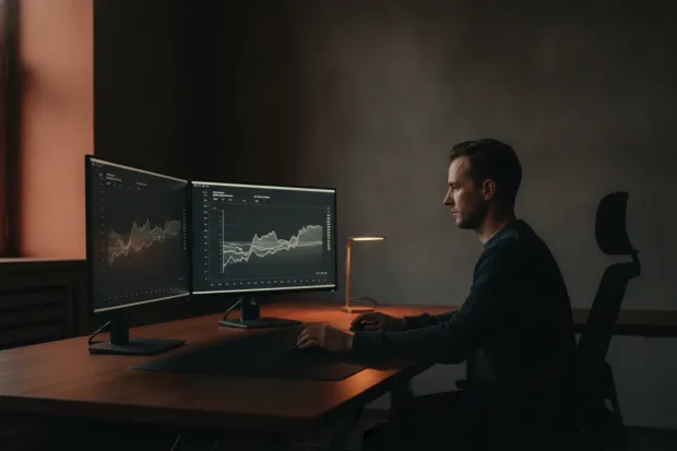 Energy analyst reading price and load charts on two monitors
