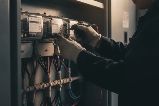 Engineer checking a row of electricity meters in a utility cabinet