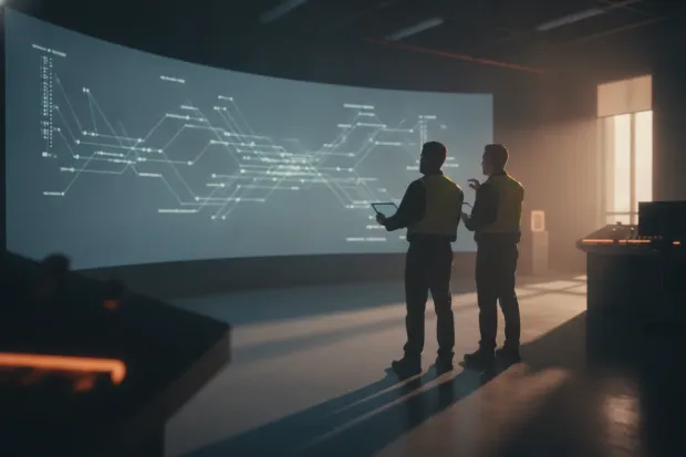 Two engineers reviewing a network schematic in a control room