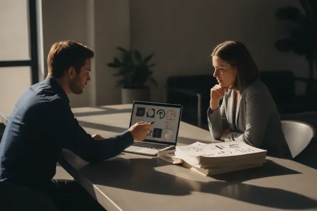 Engineer walking a client through documentation on a laptop
