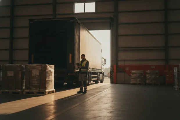 Worker scanning pallets at a loading dock with a truck backed in