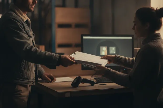 Driver handing delivery paperwork across a warehouse counter