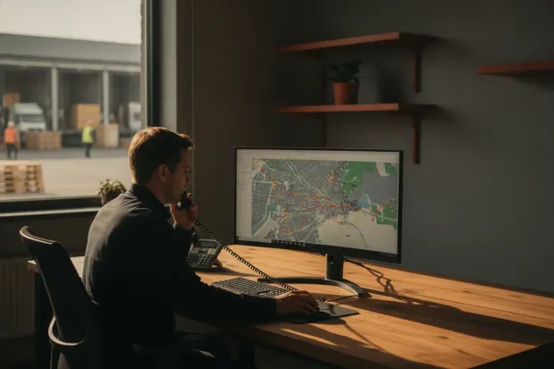 Dispatcher working a route map on screen with a phone in hand