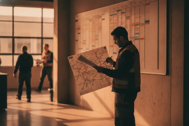 Transport planner reading a printed route plan by a schedule board
