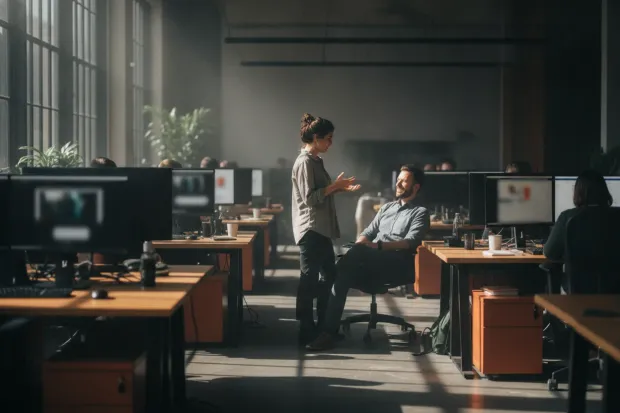 Journalists working at desks in a busy newsroom