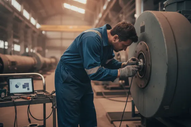 Maintenance engineer fitting a vibration sensor to a motor housing