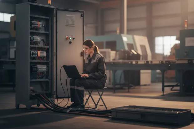 Automation engineer connected by laptop to an open control cabinet