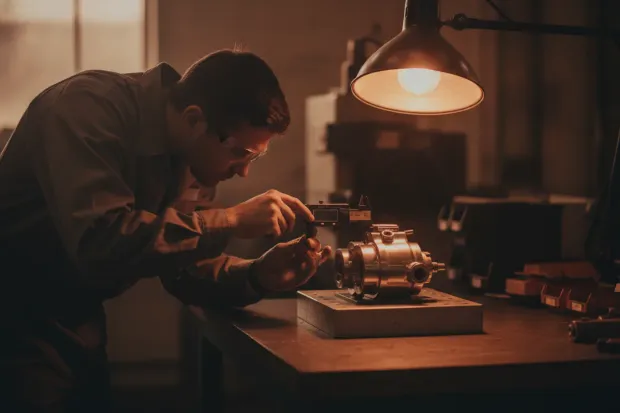Quality inspector measuring a metal component under inspection light