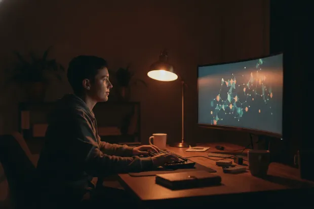 Engineer reviewing a monitoring dashboard at a desk at night