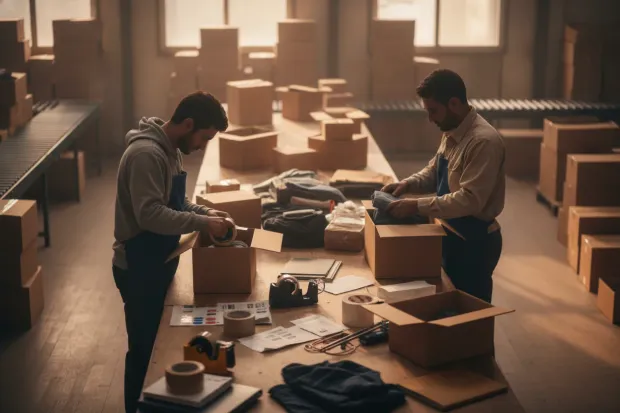 Two workers packing orders at a bench during a busy period