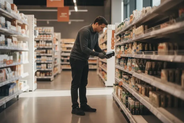 Shop manager updating shelf-edge price labels with a handheld device