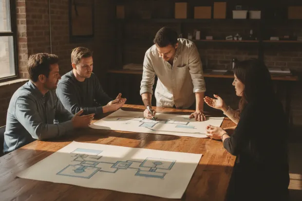 An engineer walking a client team through a process on a whiteboard.