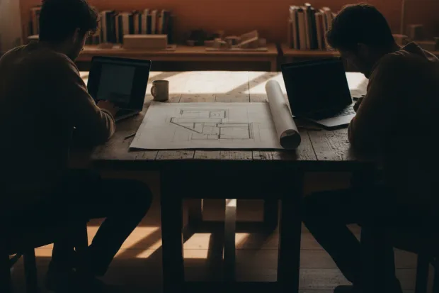 Two people working side by side at a wooden table, laptops open beside a technical drawing