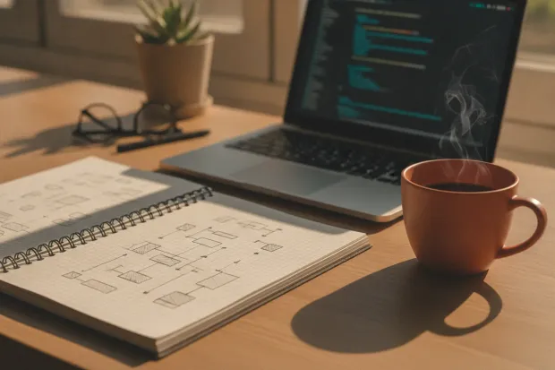 A notebook of hand-drawn system diagrams open on a desk beside a laptop showing code