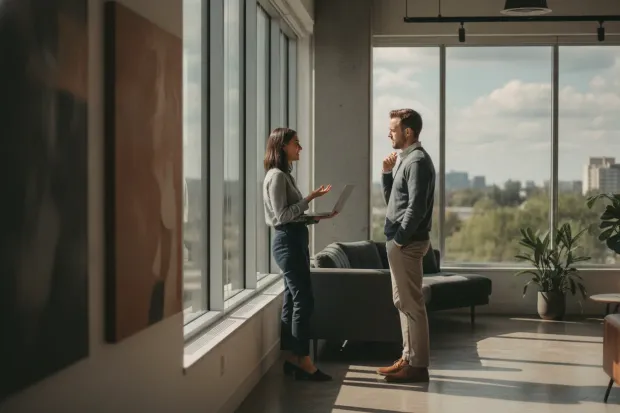 Two colleagues talking by an office window, one holding an open laptop