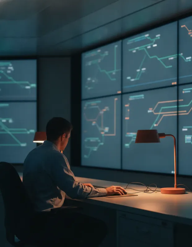 Control-room operator watching grid schematics across a wall of screens
