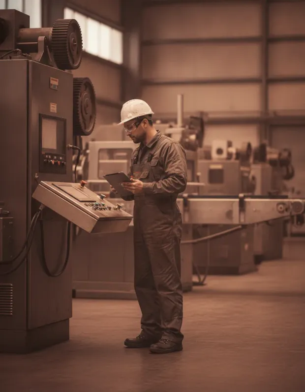 Machine operator reading a tablet at a control panel on the production floor