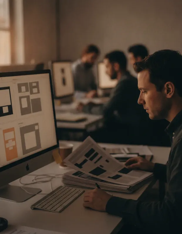 Editor reviewing page layouts on screen and in print proofs at a newsroom desk