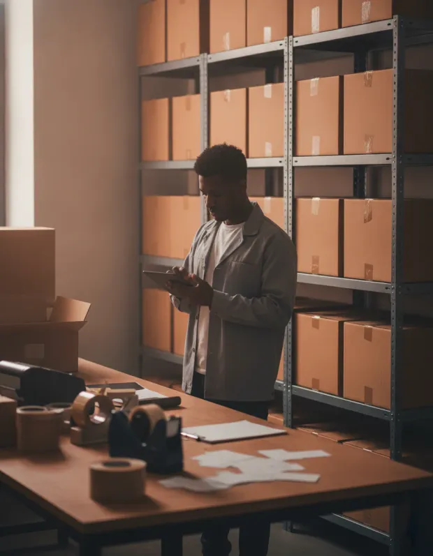 Warehouse worker counting stock on a tablet in front of shelved cartons