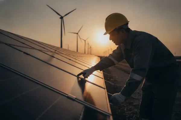 Engineer in a hard hat inspecting solar panels