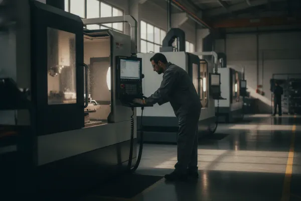 Technician monitoring a CNC machine on a factory floor
