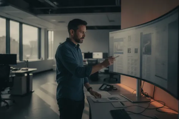 Editor reviewing layouts in a newsroom