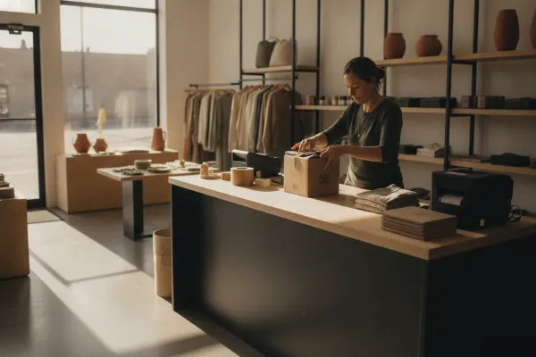 Shop owner packing an online order