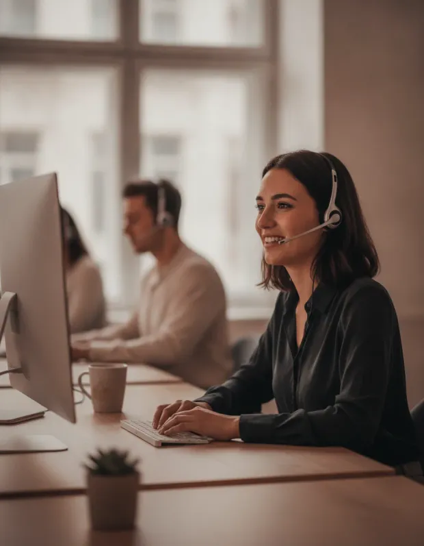 A support team handling escalations alongside voice and chat agents